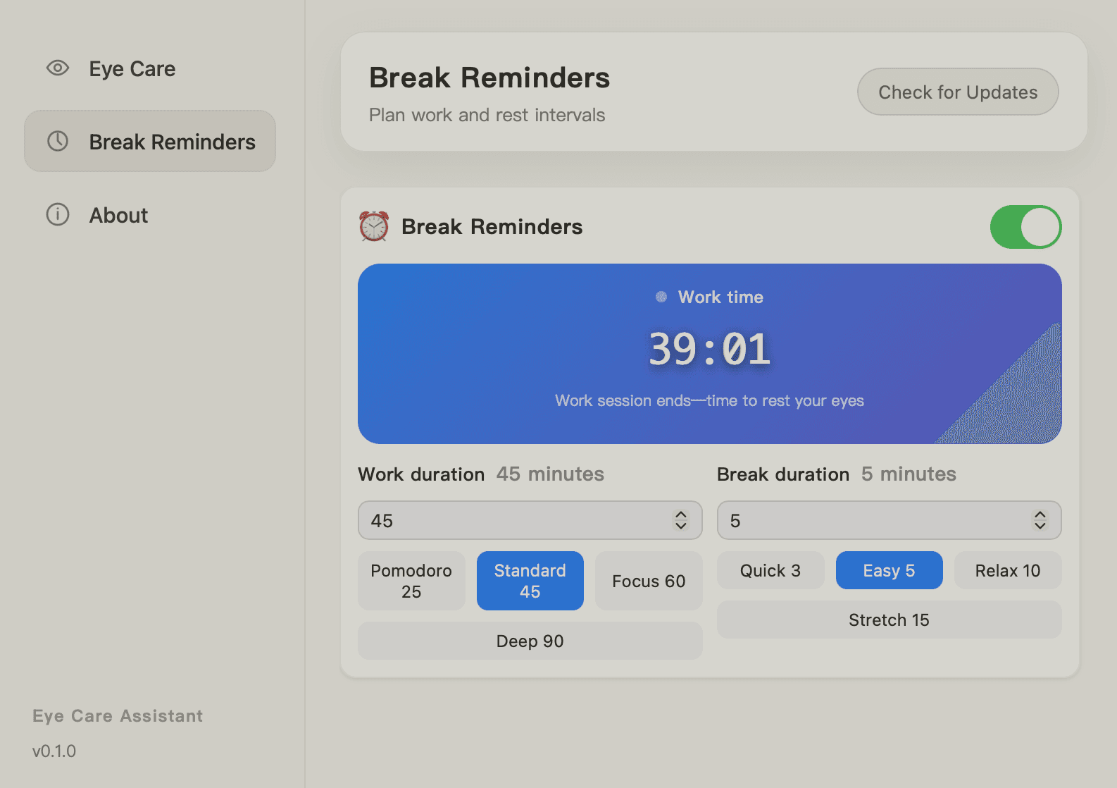 Screenshot of rest reminder