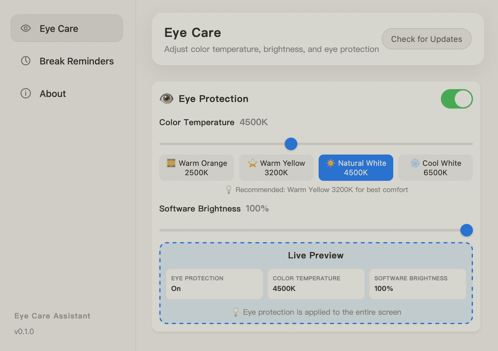 Screenshot of eye care settings